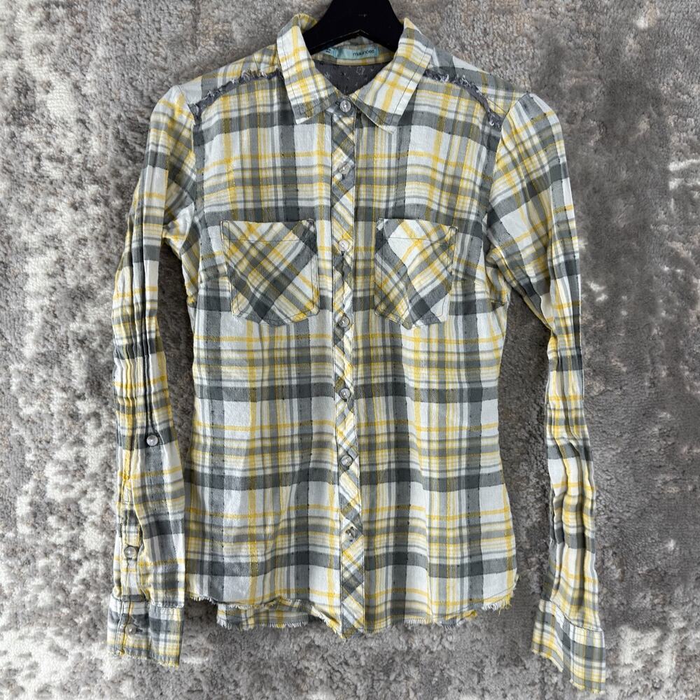 Maurices Size S Cotton Blend Plaid Top Yellow Gray Long Sleeve Pocket
